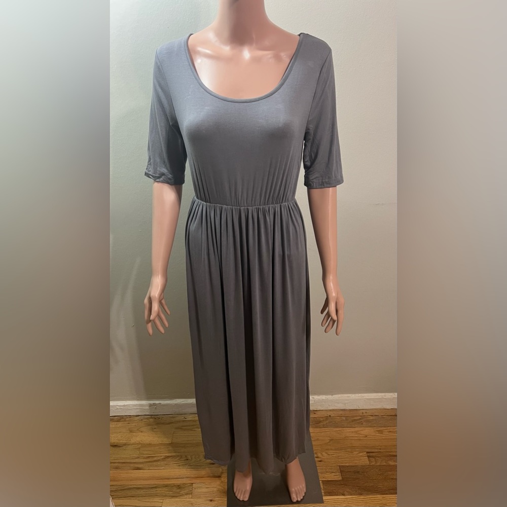 NWT women’s grey short sleeve solid maxi long evening party dress classic casual